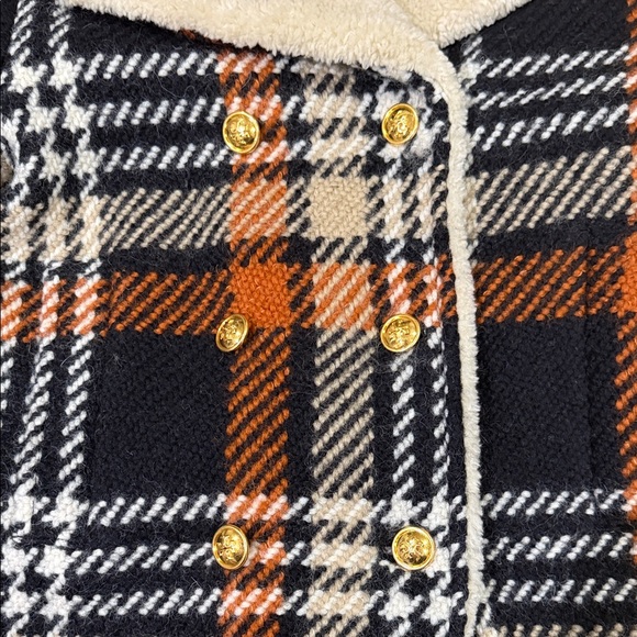 Tory Burch Black, Brown & Cream Plaid Sherpa-Trim Double-Breasted Pea Coat - Picture 4 of 9